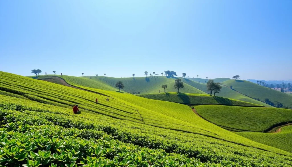 Lush green tea gardens of Srimangal with workers picking tea leaves