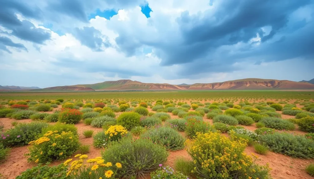Lush green vegetation in Kirthar National Park during the monsoon season with blooming wildflowers