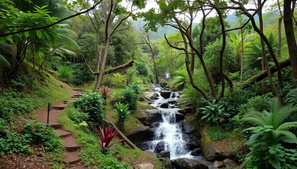 Lush greenery and hiking trails at Sitakunda Eco Park with Chandranath Hill in the background