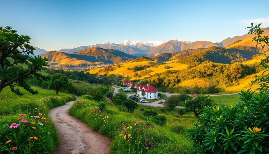 Lush greenery and rolling hills set the stage for a picturesque day trip from Campinas. In the foreground, a winding path leads visitors through a serene nature reserve, with vibrant wildflowers lining the way. The middle ground features a charming village, its quaint houses and cafes bathed in warm, golden sunlight. In the distance, majestic mountains rise up, their peaks capped with pristine snow. The overall scene exudes a sense of tranquility and adventure, perfectly capturing the essence of a day spent exploring the natural wonders surrounding Campinas.