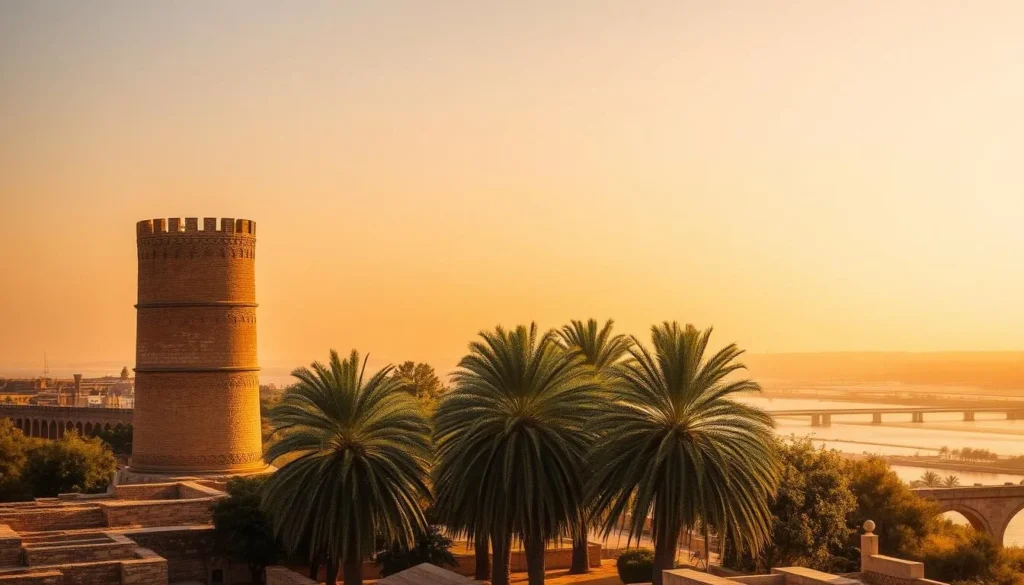 Lush, historical landmarks of Ahvaz, Iran in a warm, golden afternoon light. Towering, ancient brick and stone structures stand prominently in the foreground, casting long shadows. In the middle ground, verdant palm trees sway gently in a light breeze. The Karun River flows calmly in the background, reflecting the warm tones of the sky. A tranquil, timeless atmosphere pervades the scene, inviting exploration of Ahvaz's rich history and cultural heritage.