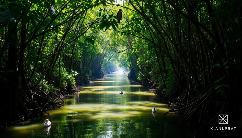 Lush mangrove forest at Gangamati with dense vegetation, narrow waterways, and diverse birdlife