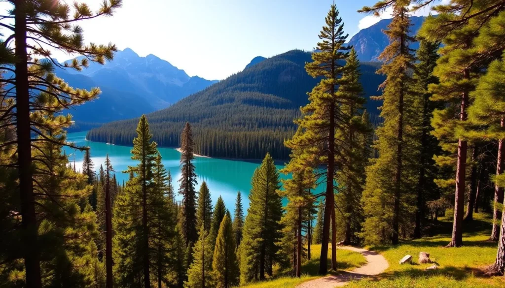 Lush pine forests framing serene Lake Minnewanka, its turquoise waters reflecting the majestic Rocky Mountains in the distance. Hiking trails wind through the verdant landscape, offering panoramic vistas and opportunities to spot wildlife. Warm sunlight filters through the canopy, casting a golden glow on the scene. Capture the essence of this outdoor haven, showcasing the natural beauty and adventure that awaits the visitor. Utilize a wide-angle lens to convey the scale and grandeur of the setting, highlighting the captivating interplay of land, water, and sky.