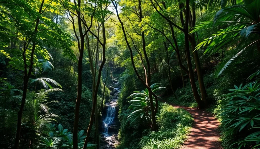 Lush rainforest trails and waterfalls in Tijuca National Park with tropical vegetation