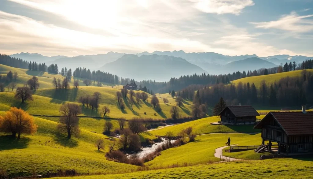 Lush rolling hills blanketed in verdant meadows, dotted with clusters of ancient oak and pine trees, under a warm, golden sun filtering through wispy clouds. In the distance, the snow-capped peaks of the Krkonoše Mountains rise majestically, casting long shadows across the tranquil valleys below. A babbling brook winds its way through the landscape, its gentle murmurs providing a soothing soundtrack. Quaint, rustic cottages with red-tiled roofs and weathered wooden facades dot the scene, hinting at the picturesque villages that lie beyond. An idyllic pastoral panorama that captures the essence of the captivating Highlands Region of Czechia.