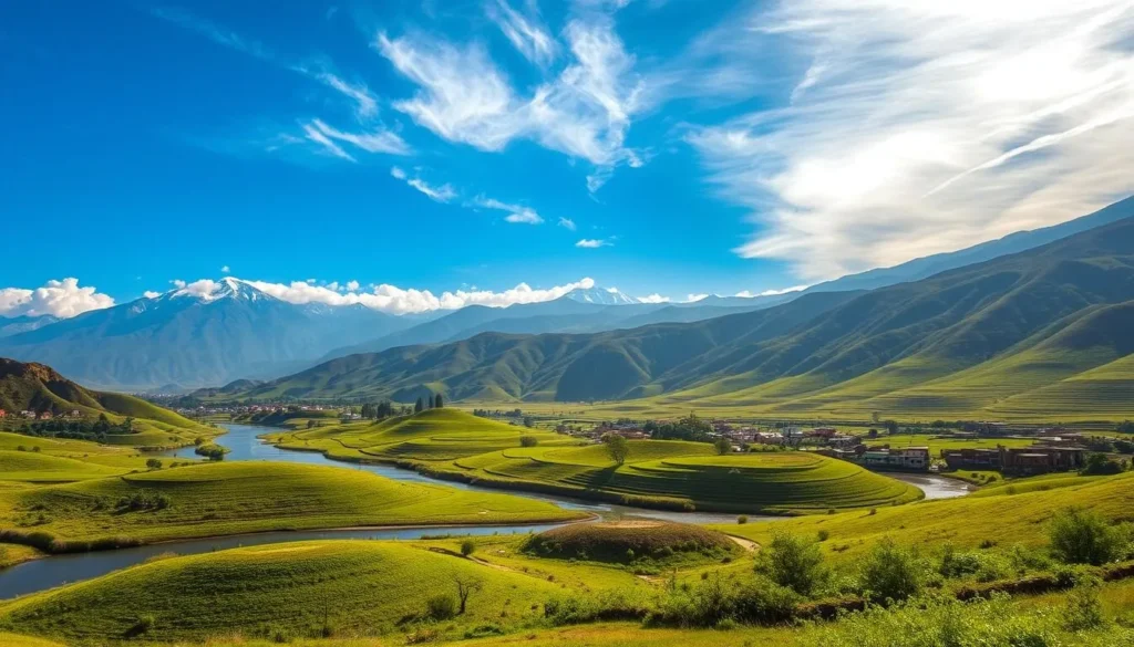 Lush rolling hills dotted with vibrant green vegetation, lazily winding rivers reflecting the azure sky above. Majestic mountains in the distance, their peaks shrouded in wispy clouds. Sunlight filters through the foliage, casting a warm, golden glow over the entire scene. Quaint villages nestled between the hills, their traditional mud-brick buildings blending seamlessly into the natural landscape. A tranquil, pastoral paradise, the landscapes of Al-Dhale'e Governorate invite you to pause, breathe deeply, and immerse yourself in the timeless beauty of this Yemeni oasis.
