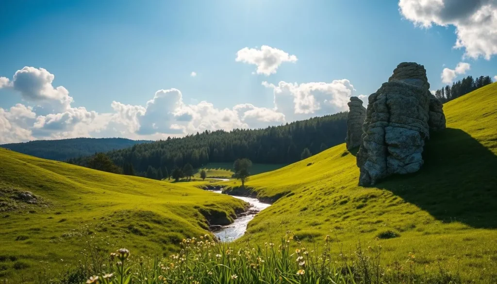 Lush, rolling hills of Chriby, Czechia, bathed in warm, golden sunlight. Verdant meadows dotted with wildflowers lead the eye towards a peaceful forest in the distance, its canopy casting soft, dappled shadows. A meandering stream cuts through the landscape, its gently flowing waters reflecting the fluffy, cloud-filled sky above. Rugged, weathered rock formations stand as silent sentinels, evoking a sense of timeless tranquility. This picturesque natural scene invites the viewer to immerse themselves in the serene beauty of Chriby Hills.