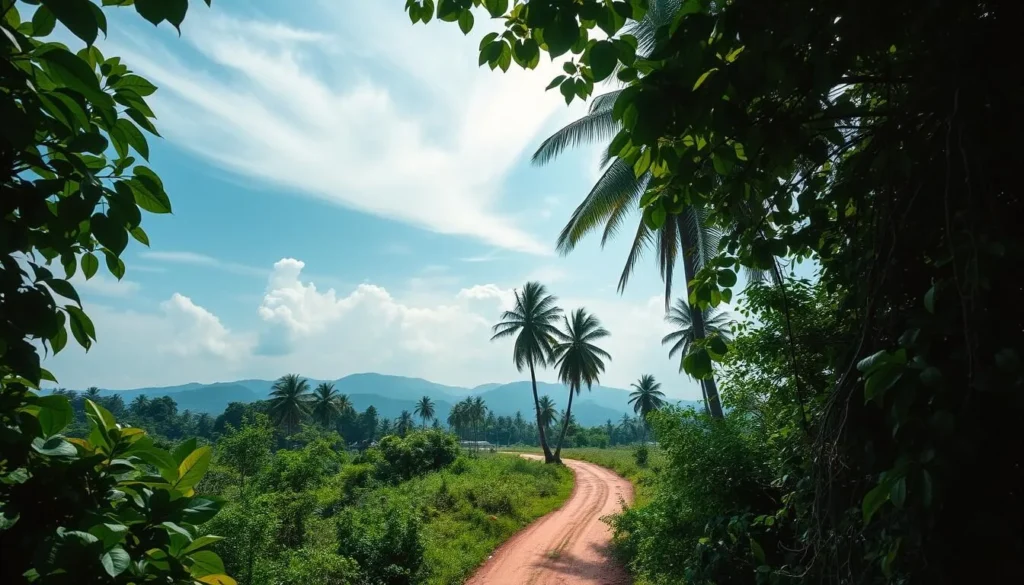 Lush tropical foliage sprawls across the foreground, with vibrant shades of green leaves and vines cascading down. In the middle ground, a sun-dappled clearing reveals a winding dirt path, bordered by towering palm trees reaching towards a hazy blue sky. Wispy cumulus clouds drift lazily overhead, casting soft, diffused lighting across the landscape. The atmosphere is warm and humid, with a sense of tranquility and adventure. Capture the weather challenges of French Guiana's rainy season, where nature's beauty shines through the gently falling rain.