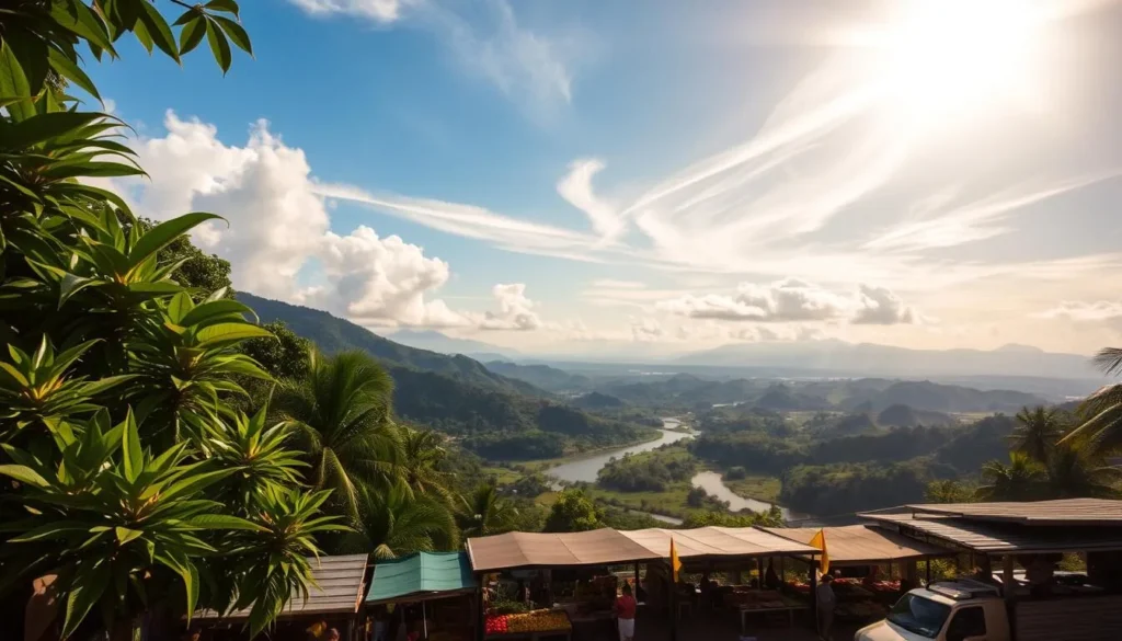 Lush tropical landscape under a bright, sun-dappled sky. Vibrant green foliage frames a picturesque vista of rolling hills, winding rivers, and distant blue mountains. Warm, golden light filters through wispy clouds, casting a serene, idyllic glow over the scene. In the foreground, a bustling local market teems with activity, vendors offering an array of colorful fruits, vegetables, and handicrafts. Locals and tourists mingle, basking in the pleasant Guyanese weather and embracing the laidback, inviting atmosphere. An immersive, weather-savvy snapshot of this captivating South American destination.