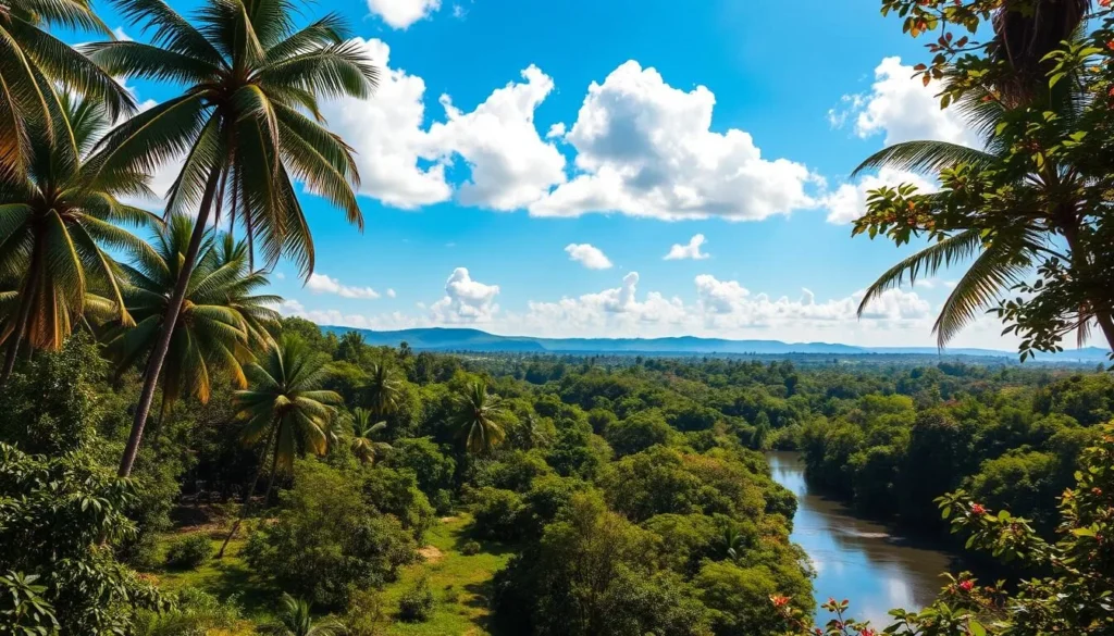 Lush, verdant foliage covers the undulating landscape of Suriname, where a tropical climate reigns supreme. Towering palm trees sway gently in the warm breeze, casting dappled shadows upon the sun-drenched forest floor below. A crystalline river winds its way through the scene, its waters reflecting the azure sky above, dotted with fluffy white clouds. In the distance, the silhouettes of distant hills rise, veiled in a soft, hazy mist. The air is heavy with the scent of blooming flowers and the chirping of vibrant birds. Warm, golden light bathes the entire composition, imbuing it with a sense of tranquility and natural abundance.
