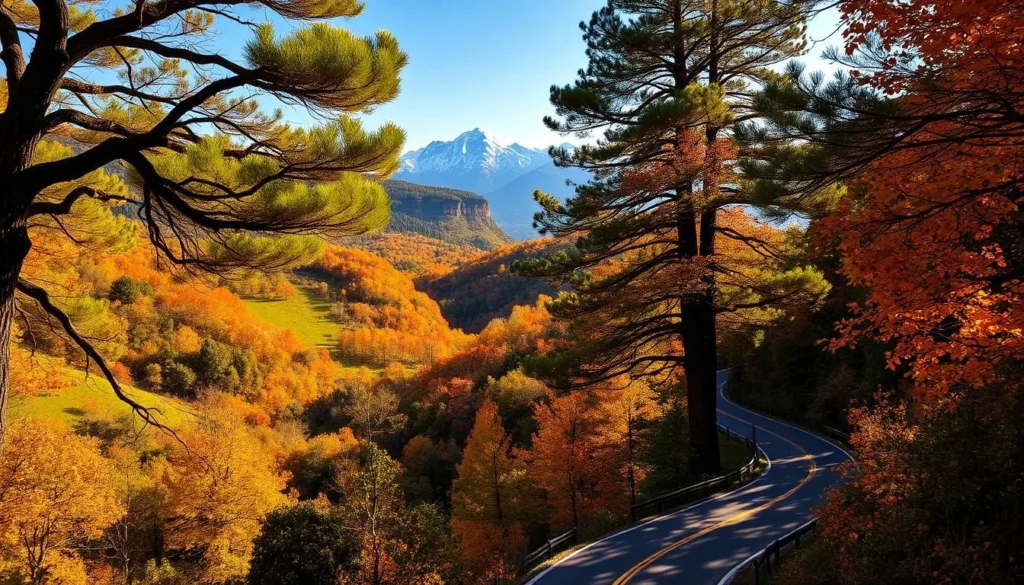 Lush, verdant hills dotted with vibrant autumn foliage, their hues of gold, amber, and crimson dancing in the gentle breeze. In the foreground, a winding mountain road snakes through the landscape, flanked by towering cedar trees, their branches reaching skyward. Sunlight filters through the canopy, casting a warm, golden glow over the scene. In the distance, the majestic peaks of the Lebanese mountains rise majestically, their snow-capped summits glittering under a clear, azure sky. The air is crisp and clean, carrying the scent of the changing seasons. This is the essence of fall in Lebanon, a time of natural beauty and tranquility.