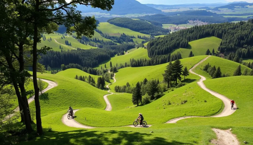 Lush, verdant hills of the Žďárské vrchy range, with winding hiking and cycling trails snaking through the picturesque landscape. Sunlight filters through the canopy of tall trees, casting dappled shadows on the well-marked paths. In the middle ground, hikers and cyclists enjoy the scenic routes, taking in the serene beauty of the rolling hills and distant peaks. The background features a mix of dense forests, open meadows, and the occasional charming village or hamlet. Capture the tranquil, outdoor adventure atmosphere of this stunning Czech region.