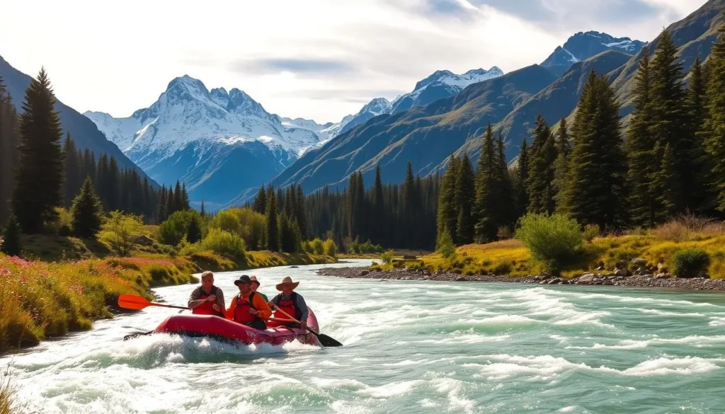 Lush, verdant landscapes of the Futaleufu river valley in Patagonia, Chile. Dramatic snow-capped Andes mountains rise in the distance, their peaks kissed by wispy clouds. In the foreground, a group of adventurers navigate a churning, turquoise river in a sturdy raft, their faces alight with excitement. Warm, natural sunlight bathes the scene, casting long shadows across the rugged terrain. Towering evergreen forests and wildflower meadows line the riverbanks, creating a serene, untamed atmosphere. This picturesque outdoor adventure destination beckons the senses with its pristine natural beauty.
