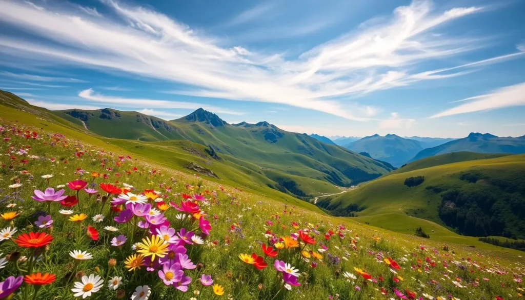 Lush verdant meadows of Borgefjell National Park, Norway, abloom with vibrant wildflowers in a warm summer sun. Foreground features a colorful carpet of blooming alpine flora - anemones, harebells, and mountain avens. Middle ground showcases the rolling hills and rugged peaks of the pristine mountain landscape. Wispy clouds drift across a cerulean sky, casting soft natural lighting over the scene. Capture the tranquil, serene atmosphere of this unspoiled wilderness, showcasing the incredible diversity of the park's delicate alpine ecology.