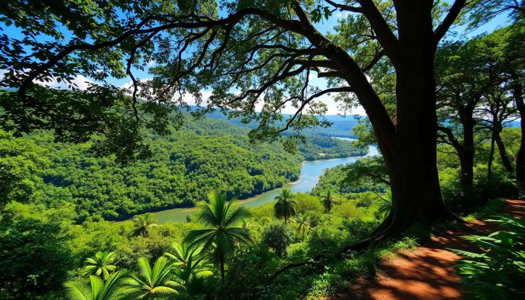 Lush, verdant rainforest canopy stretches across the rolling hills of Campos Amazonicos National Park. A tranquil, meandering river cuts through the landscape, its waters reflecting the azure sky above. In the foreground, a trail winds through the dense undergrowth, inviting hikers to explore the park's diverse flora and fauna. Dappled sunlight filters through the leafy branches, casting a warm, golden glow over the serene scene. Towering, ancient trees stand as silent sentinels, their roots anchored deep in the rich, fertile soil. The overall atmosphere conveys a sense of peaceful exploration and connection with the natural world.