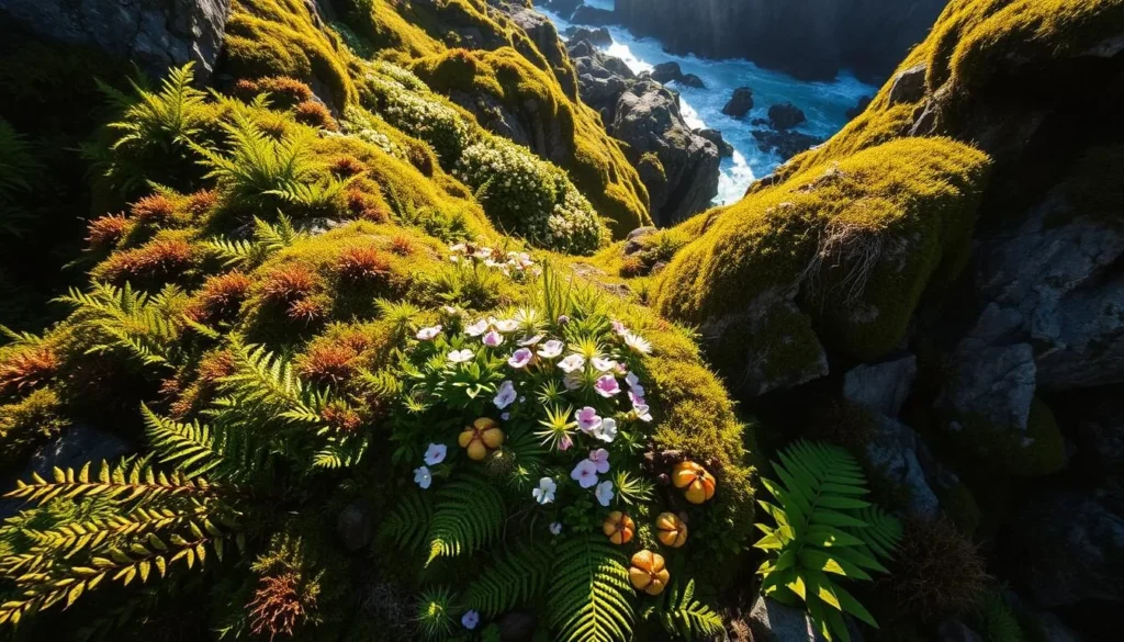 Lush, vibrant foliage of Angso Island, Sweden on a sunny day. Verdant ferns, mosses, and flowering plants adorn the rugged coastal landscape, bathed in warm, diffused natural light. A dynamic composition showcasing the island's rich biodiversity, with varied textures, shapes, and hues creating a captivating visual harmony. Capture the essence of this enchanting Nordic flora in a crisp, photorealistic style using a wide-angle lens to accentuate the scenic splendor.
