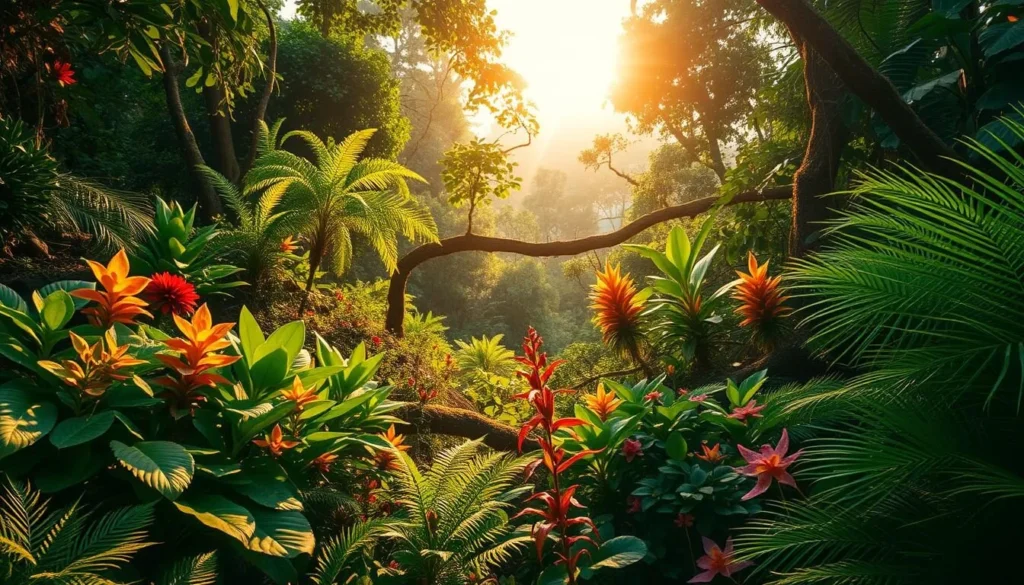 Lush, vibrant foliage of Santa Teresa National Park in Uruguay. Diverse array of tropical plants, ferns, and blooming flowers in the foreground, mid-ground, and background. Warm, diffused sunlight filtering through the canopy, creating a serene, natural ambiance. Capture the verdant, biodiverse landscape in high detail, using a wide-angle lens to showcase the park's botanical splendor. Depict a tranquil, picturesque scene that invites the viewer to explore the park's rich ecosystem.