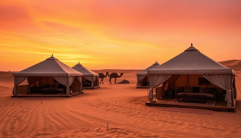 Luxury desert camp with traditional tents at sunset in the Thar Desert near Jaisalmer Luxury desert camp with traditional tents at sunset in the Thar Desert near Jaisalmer