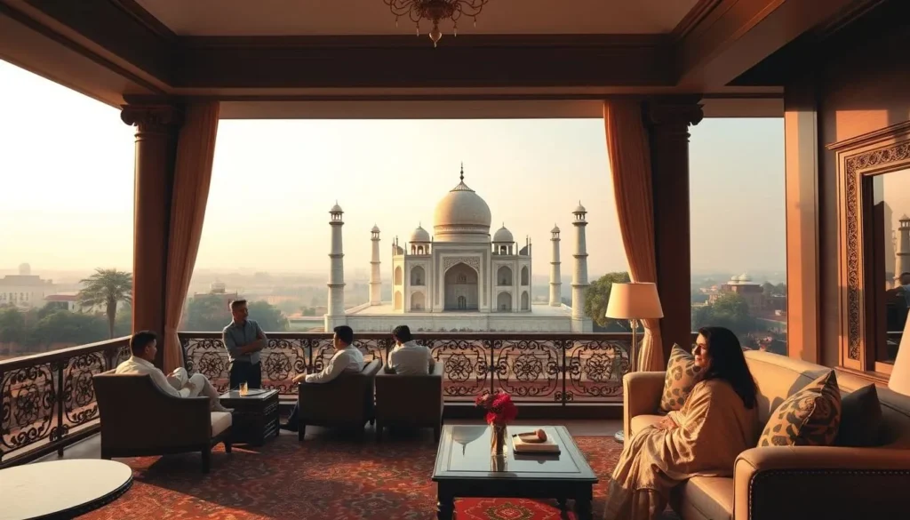 Luxury hotel in Agra with a view of the Taj Mahal from its terrace, showcasing upscale accommodation options Luxury hotel in Agra with a view of the Taj Mahal from its terrace, showcasing upscale accommodation options