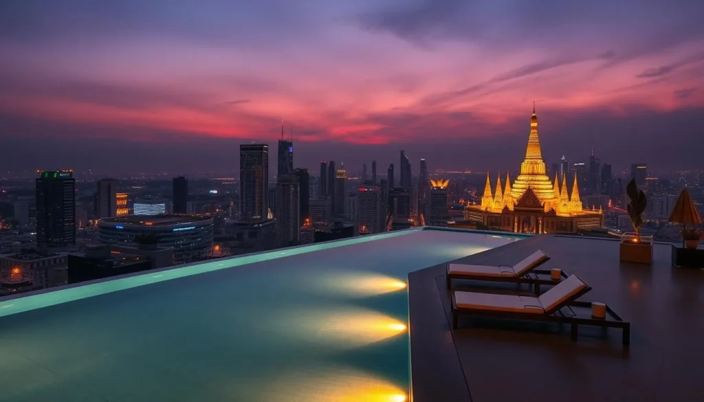 Luxury hotel in Bangkok with rooftop pool overlooking the city skyline