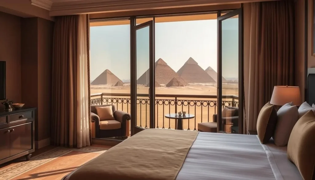Luxury hotel in Cairo Egypt with pyramid view from balcony