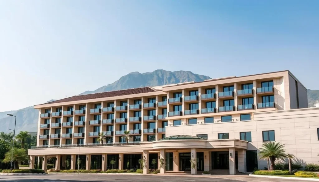 Luxury hotel in Islamabad with Margalla Hills visible in the background