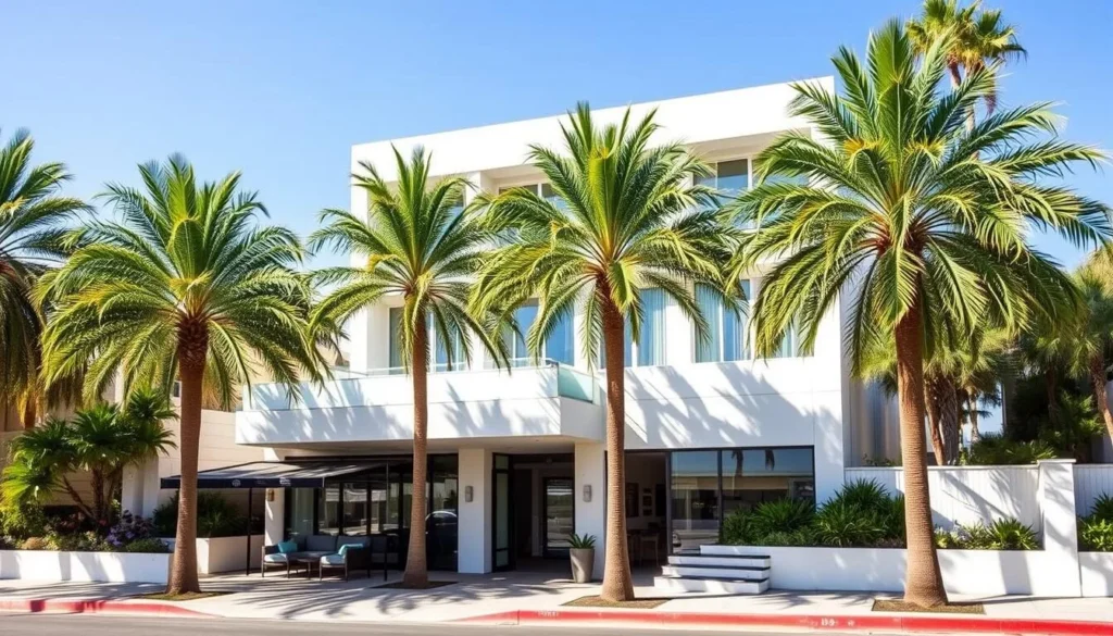 Luxury hotel in Manhattan Beach with ocean views and palm trees Luxury hotel in Manhattan Beach with ocean views and palm trees