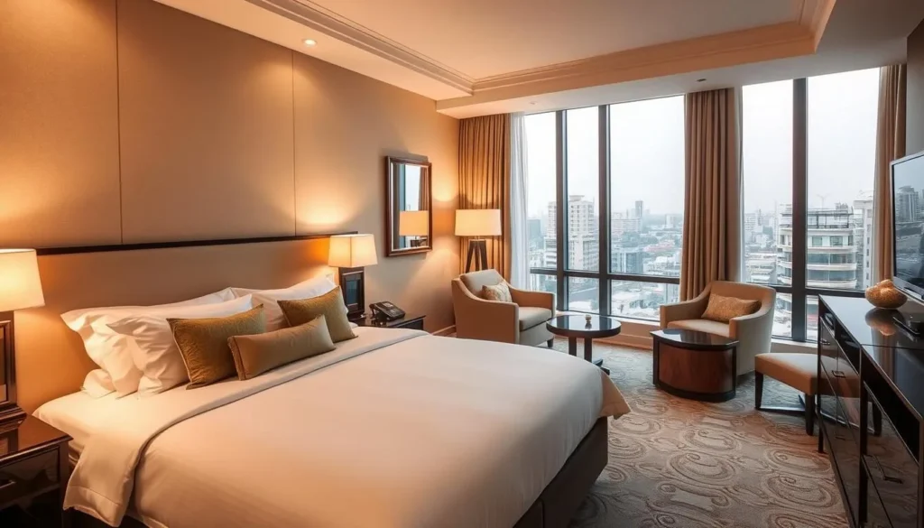 Luxury hotel room in Lahore with traditional Pakistani decor elements