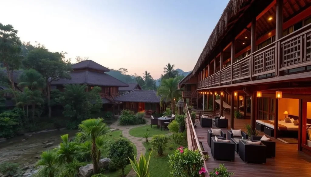 Luxury jungle lodge in Chitwan with traditional architecture and river view