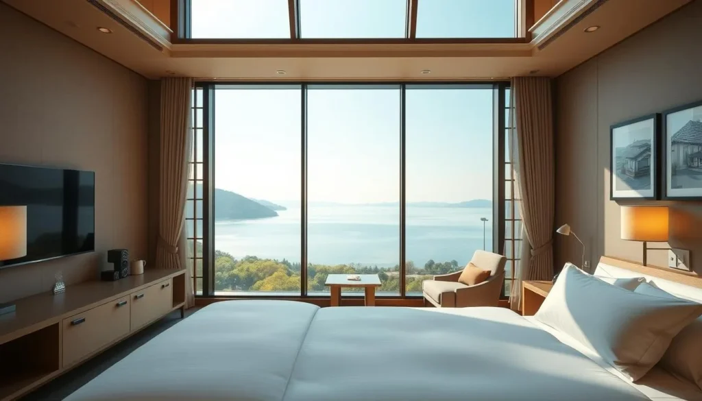 Luxury lakeside hotel room with view of Lake Biwa, Otsu City, Japan
