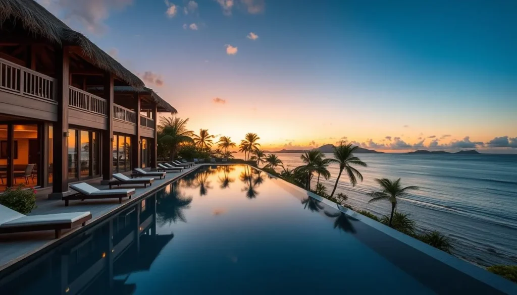 Luxury resort on Ishigaki Island with infinity pool overlooking the ocean at sunset Luxury resort on Ishigaki Island with infinity pool overlooking the ocean at sunset