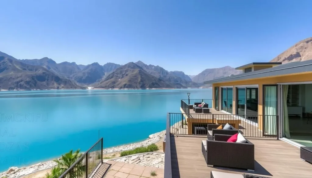 Luxury resort overlooking Attabad Lake with mountain backdrop