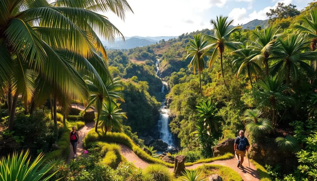 Macouria outdoor adventures: A lush, tropical paradise in French Guiana. Towering palm trees sway in the gentle breeze, casting dappled shadows on the winding hiking trails below. Vibrant, diverse flora and fauna come alive in the warm, golden sunlight, inviting explorers to immerse themselves in the natural wonder. In the distance, a cascading waterfall tumbles over rugged, moss-covered rocks, its soothing melody echoing through the verdant landscape. Hikers traverse the scenic paths, capturing breathtaking vistas of the rolling hills and winding rivers that define this captivating region. A sense of adventure and tranquility permeates the scene, beckoning visitors to discover the hidden gems of Macouria's great outdoors.