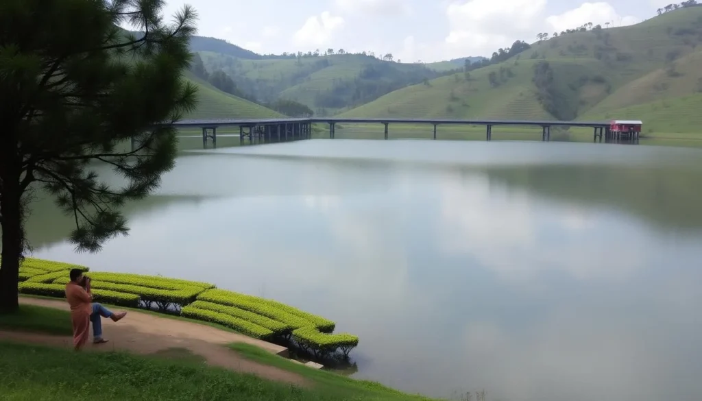 Madhabpur Lake surrounded by lush tea gardens and hills