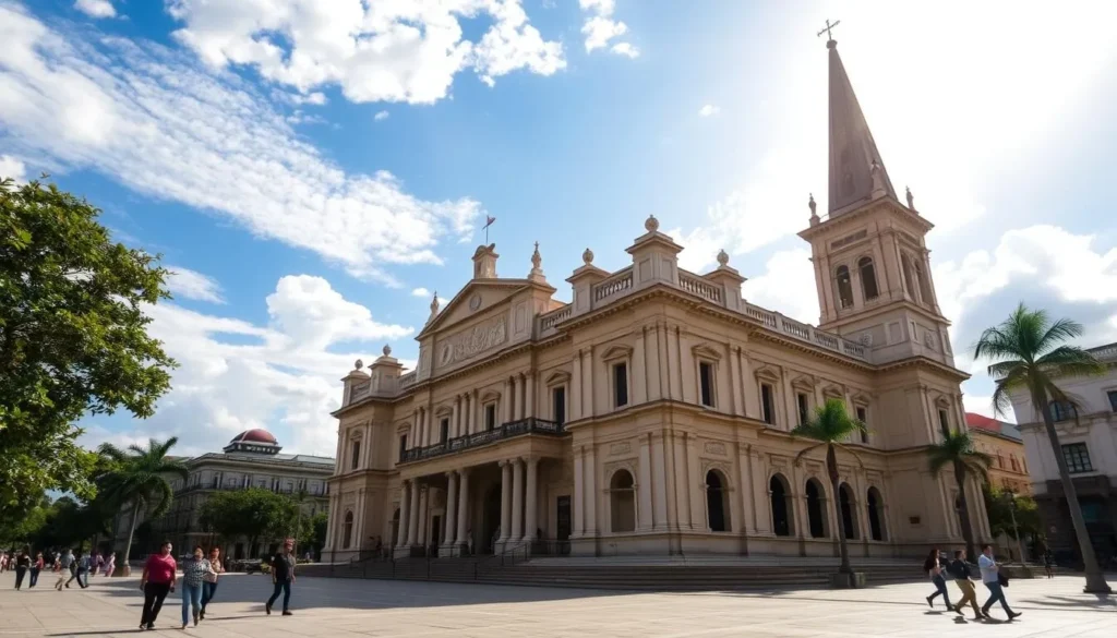 Majestic Catedral de Maracay, a neoclassical architectural marvel, stands tall against a bright, sun-dappled sky. Its ornate facade, adorned with intricate columns and ornaments, exudes an air of grandeur and devotion. The cathedral's towering steeple pierces the heavens, casting a warm, golden glow upon the surrounding plaza. In the foreground, pedestrians stroll leisurely, capturing the essence of a vibrant, spiritual haven. Capture the cathedral's timeless beauty and the tranquil atmosphere of Maracay's historic center in a stunning, photograph-worthy image.