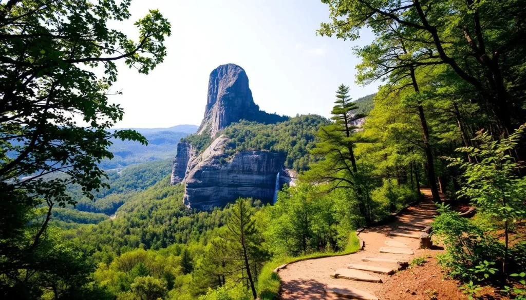 Majestic Chimney Rock State Park, North Carolina: a towering granite monolith rising from the lush, verdant forests. Sunlight filters through the canopy, casting a warm glow on the rugged cliffs and cascading waterfalls. In the foreground, a winding trail leads hikers towards the iconic Chimney Rock, its distinctive profile silhouetted against the bright, cloudless sky. Surrounding the landmark, rolling hills and valleys stretch out, dotted with vibrant wildflowers and verdant deciduous trees. Capture the grandeur and natural beauty of this iconic North Carolina destination, showcasing the captivating scenery that has drawn visitors for generations.