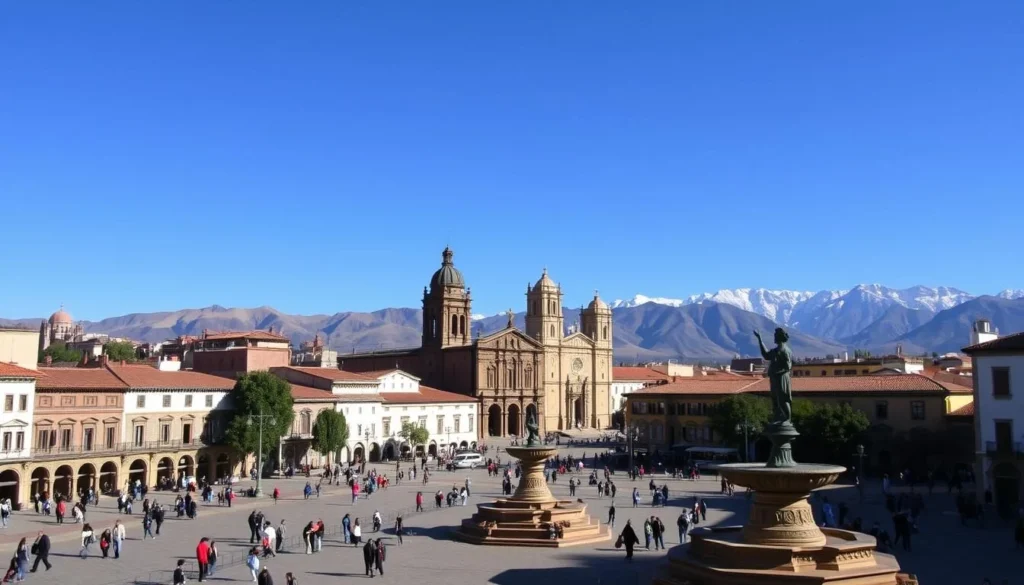 Majestic Cusco, the ancient Inca capital, stands proudly against a crisp azure sky. In the foreground, the iconic Plaza de Armas is alive with bustling locals and awestruck visitors, its colonial architecture and carved stone fountains exuding an air of timeless elegance. In the middle ground, the towering Cathedral of Cusco and the Jesuit-built La Compañía de Jesús church command attention, their ornate facades bathed in warm, golden light. In the distance, the mighty Andes mountains rise, their snow-capped peaks casting a serene, protective gaze over the historic city. Capture the essence of Cusco's enduring Inca legacy, with a sense of wonder, discovery, and reverence for this remarkable UNESCO World Heritage Site.