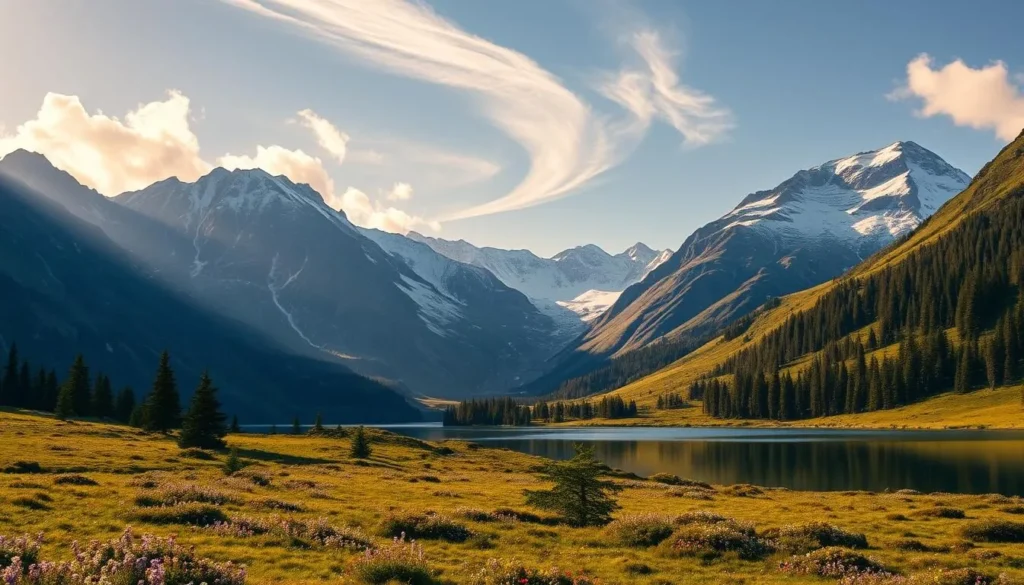 Majestic Dovrefjell mountains in Norway, bathed in warm golden light of a clear summer day. Rugged, snow-capped peaks tower over lush alpine meadows dotted with colorful wildflowers. A serene lake reflects the stunning landscape, its glassy surface rippling gently. Towering birch and pine forests line the mountain slopes, casting deep shadows. Wispy clouds drift overhead, illuminated by the sun's gentle rays. Capture the grandeur and tranquility of this breathtaking natural wonder, perfect for a visit during the best time of year.