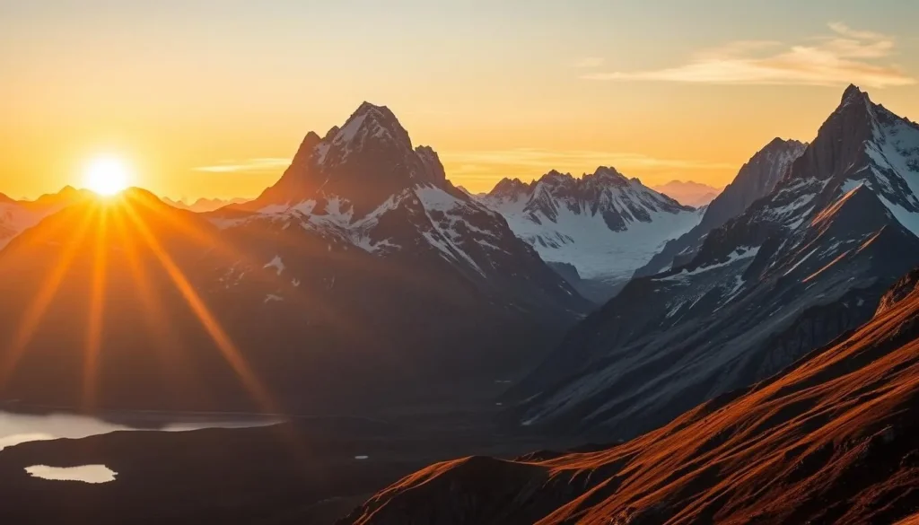 Majestic Hurrungane mountain peaks bathed in the golden glow of sunrise, their jagged silhouettes standing tall against a breathtaking sky. Capture the dramatic landscape with a wide-angle lens, highlighting the interplay of light and shadow across the rugged terrain. Evoke a sense of tranquility and awe, as the first rays of sun illuminate the snowcapped summits and cast a warm reflection on the still mountain lakes below. Convey the pristine, unspoiled beauty of this magnificent Norwegian natural wonder, inviting the viewer to immerse themselves in the serene, untamed splendor of Hurrungane.