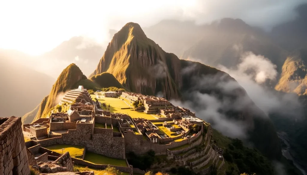 Majestic Machu Picchu citadel, perched atop the Andes mountains, shrouded in morning mist. Capture the awe-inspiring architecture of the Inca empire, with its intricate stone walls and terraced hillsides. Showcase the dramatic landscape, with lush, verdant slopes cascading down to the winding Urubamba River. Bathe the scene in warm, golden sunlight, casting a serene and timeless atmosphere. Compose the image from a low angle, emphasizing the grandeur and scale of this iconic Peruvian landmark. Exude a sense of discovery and wonder, inviting the viewer to explore the rich history and majesty of Machu Picchu.
