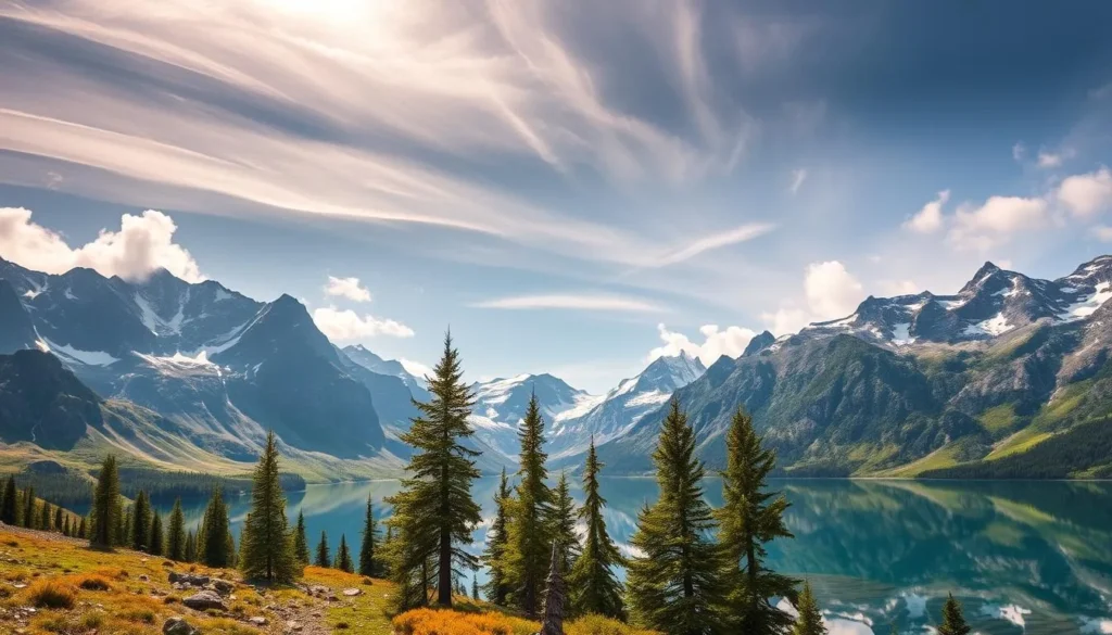 Majestic Norwegian landscape of Snohetta National Park. Sweeping panorama of rugged mountains, pristine glacial lakes, and lush alpine meadows. Sunlight filters through wispy clouds, casting a warm glow over the scene. Towering peaks reach towards the sky, their snow-capped summits glimmering. In the foreground, a crystal-clear lake reflects the surrounding beauty, its still waters mirroring the grandeur of the landscape. Tall, verdant pine trees dot the middle ground, creating a sense of depth and scale. The overall atmosphere is one of tranquility and awe-inspiring natural wonder.