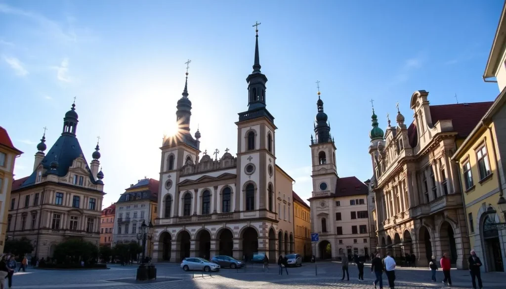 Majestic architectural masterpieces adorning a picturesque town in the Pardubice Region, Czechia. Captivating spires, domes, and ornate facades bathed in warm, golden sunlight, casting intricate shadows across cobblestone streets. Pedestrians strolling leisurely, admiring the harmonious blend of historical elegance and modern vibrancy. A wide-angle lens captures the grandeur of these architectural gems, showcasing their timeless beauty against a cloudless azure sky. The scene exudes a sense of tranquility and wonder, inviting the viewer to explore the rich cultural heritage of this enchanting Czech destination.