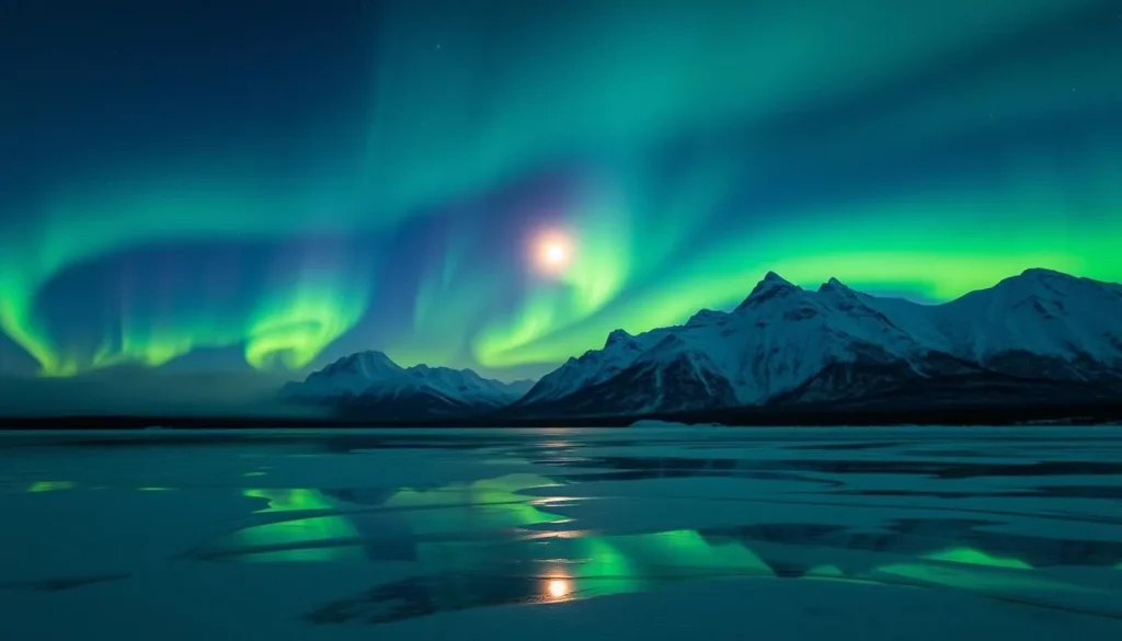 Majestic aurora borealis dancing across the night sky, casting ethereal green and purple hues over a serene, snow-covered landscape. In the foreground, a frozen lake reflects the celestial display, creating a mesmerizing mirror effect. Tall, snow-capped mountains rise in the distance, their peaks bathed in the ethereal glow. The scene is illuminated by a full moon, lending a soft, magical quality to the atmosphere. A crisp, cool breeze blows gently, accentuating the tranquil, awe-inspiring ambiance of the Arctic Circle phenomena.