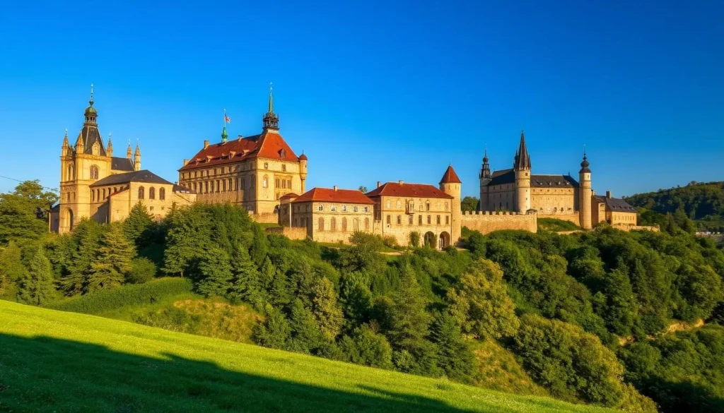 Majestic castles nestled amidst the rolling hills of Central Bohemia, their grand spires and turrets silhouetted against a clear azure sky. Capture the essence of this historic region - ancient fortresses perched atop verdant cliffs, their weathered stone facades casting long shadows across the lush meadows below. Showcase the region's architectural treasures, from the ornate Renaissance elegance of Český Krumlov to the Gothic splendor of Karlštejn Castle. Utilize a wide-angle lens to frame the castles within their picturesque natural settings, bathed in the warm glow of the afternoon sun. Convey a sense of timeless grandeur and the enduring legacy of Bohemia's storied past.
