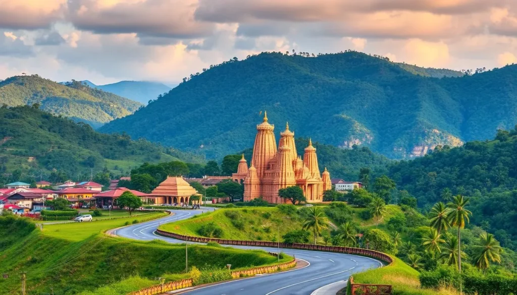 Majestic hills, lush greenery, and ancient temples set the stage for a captivating Tirunelveli itinerary. In the foreground, a winding road leads visitors through quaint villages, past vibrant markets, and into the heart of this southern Tamil Nadu gem. Midground features grand historical structures, their intricate architecture bathed in warm, golden light. The background showcases the region's natural splendor - cascading waterfalls, serene lakes, and verdant forests that beckon exploration. Capture the perfect balance of culture, history, and natural beauty to create an immersive journey through Tirunelveli's most captivating sights.