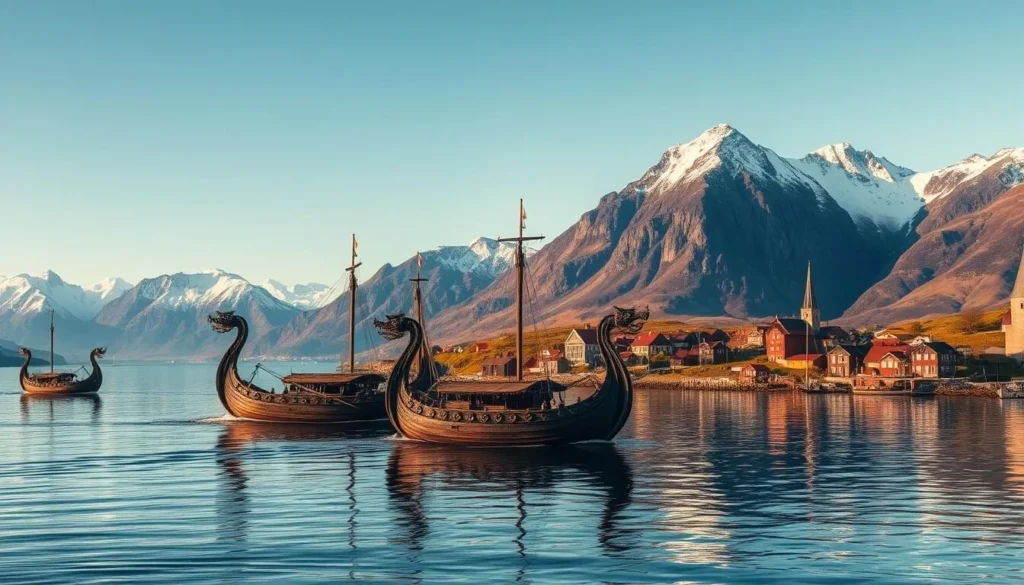Majestic longships glide across a serene fjord, their carved dragon prows piercing the mirror-like surface. In the distance, rugged snow-capped mountains rise, their peaks bathed in golden sunlight. On the shore, a picturesque village of red-roofed wooden houses nestles amidst rolling hills, reflecting the rich Viking heritage of Stavanger. Imposing stone fortifications and a towering stave church hint at the region's storied past, while the crisp, clean air and tranquil atmosphere evoke a sense of timeless Nordic tranquility. Through this scene, the enduring spirit of the Vikings lives on, a testament to the resilience and ingenuity of these seafaring explorers.