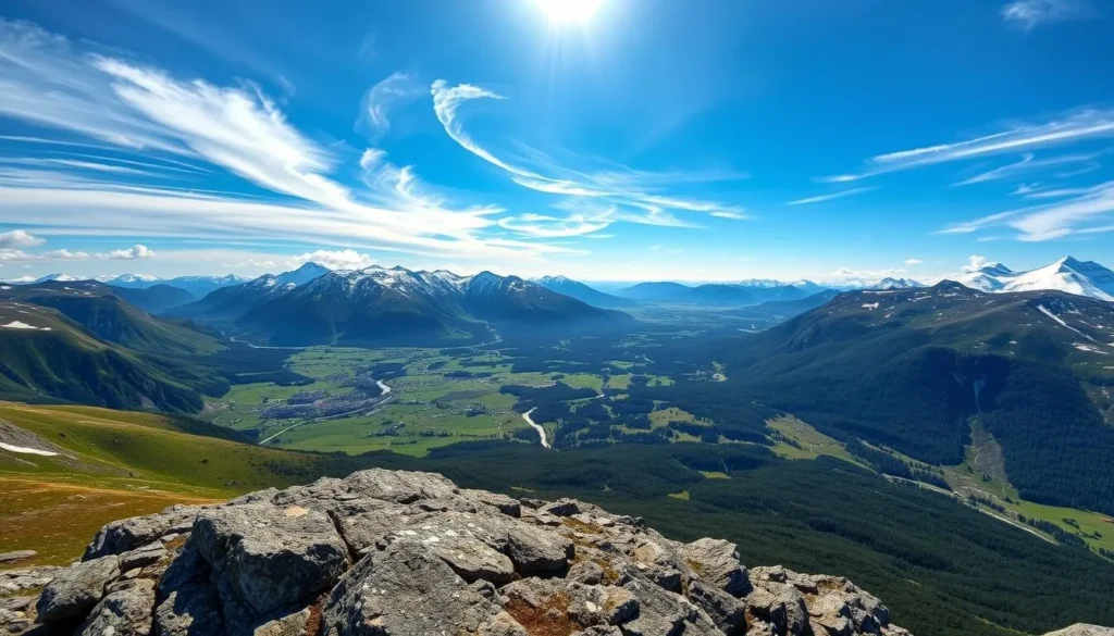 Majestic overlook of the Rapadalen Valley, Aigert Mountains, Sweden. A serene panoramic vista of lush green slopes, winding rivers, and towering snow-capped peaks. Sunlight filters through wispy clouds, casting a warm glow over the breathtaking landscape. In the foreground, a rocky outcrop provides an ideal vantage point, inviting the viewer to take in the stunning natural beauty. The middle ground features a patchwork of meadows and forests, while the distant background is dominated by the imposing mountain range. Crisp, high-resolution image captured with a wide-angle lens to fully immerse the viewer in this majestic Scandinavian scene.