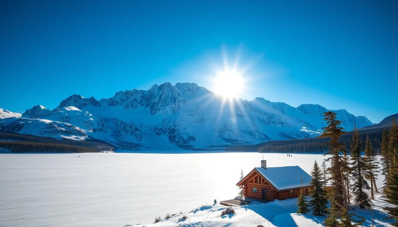 Majestic snow-capped mountains soar against a crisp azure sky, their jagged peaks silhouetted by the warm glow of the sun. A pristine frozen lake reflects the breathtaking landscape, its surface a mirror of tranquility. In the foreground, a cozy log cabin nestles amidst a forest of towering pines, its rustic charm complementing the wild, untamed beauty of the Arctic wilderness. The scene is infused with a sense of serenity and adventure, inviting the viewer to explore the wonders of this captivating winter wonderland.