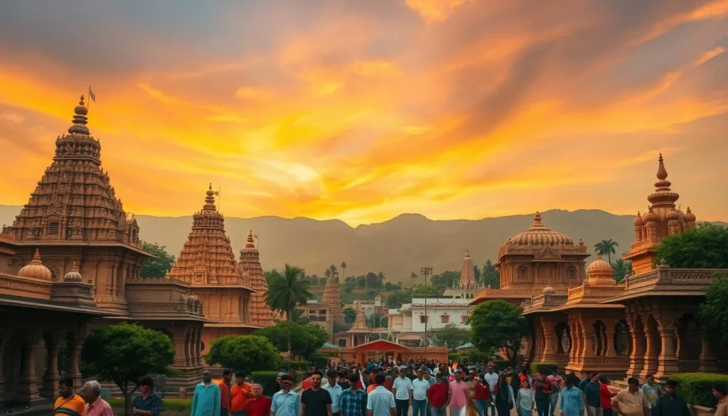 Majestic temples and shrines rise against a vibrant sky, their ornate spires and intricate carvings bathed in warm, golden light. In the foreground, devotees reverently approach the sacred sites, their colorful garments and tranquil expressions conveying the deep spiritual significance of this place. The middle ground showcases the interplay of ancient architecture and lush, verdant landscaping, creating a harmonious blend of the natural and the divine. In the distance, the rugged Bellary hills provide a dramatic backdrop, adding a sense of timeless grandeur to the scene. The overall atmosphere is one of serenity, devotion, and the timeless beauty of India's rich religious heritage.