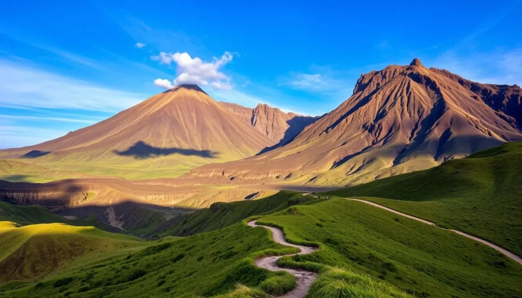 Majestic volcanic peaks soar against a vibrant azure sky, their rugged silhouettes etched with dramatic shadows. Layers of jagged rock formations in shades of ochre and charcoal rise from a lush, verdant landscape, inviting exploration. Sunlight dances across the undulating terrain, highlighting the intricate textures and intricate geological formations. In the foreground, a winding trail leads adventurers towards the towering volcanic sentinels, their mystery and grandeur commanding attention. The scene exudes a sense of awe-inspiring natural wonder, perfect for capturing the essence of the Luzicke Mountains' volcanic wonders.